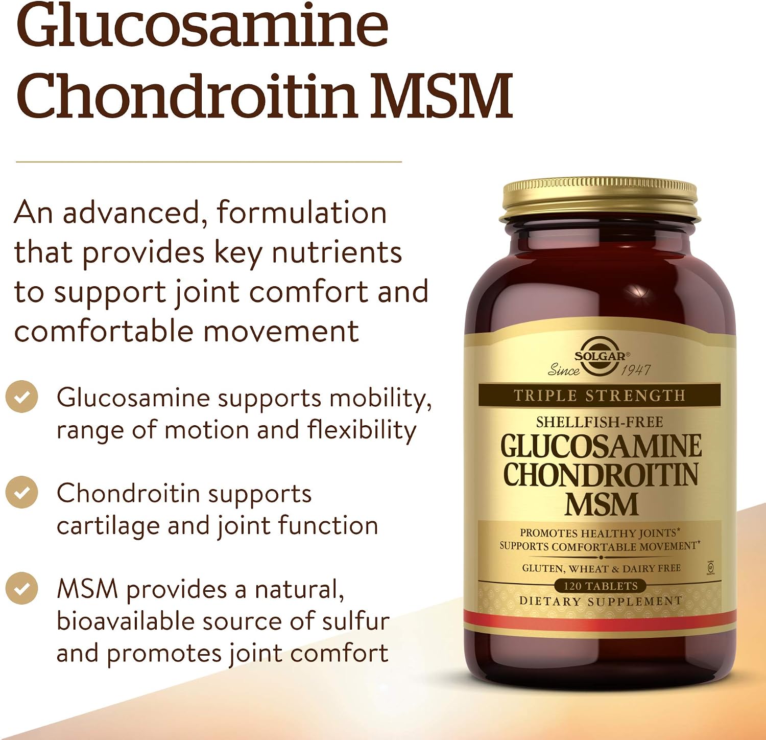 Solgar Triple Strength Glucosamine Chondroitin MSM, 120 Tablets | Promotes Healthy Joints, Supports Comfortable Movement, Shellfish Free - Gluten Free, Dairy Free - 60 Servings