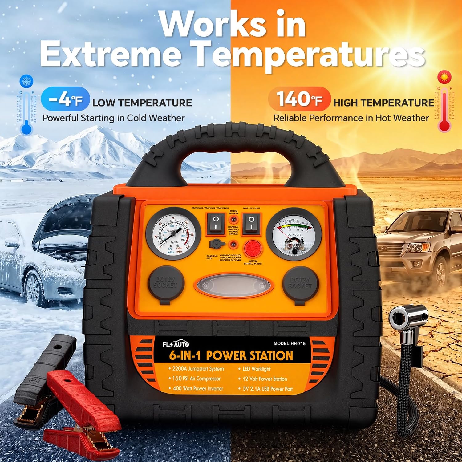 Portable Jump Starter with Air Compressor, FlyAuto 2200A Battery Booster for Cars, Trucks & SUVs, Up to 8.5L Gas & 8.0L Diesel, 150PSI Tire Inflator