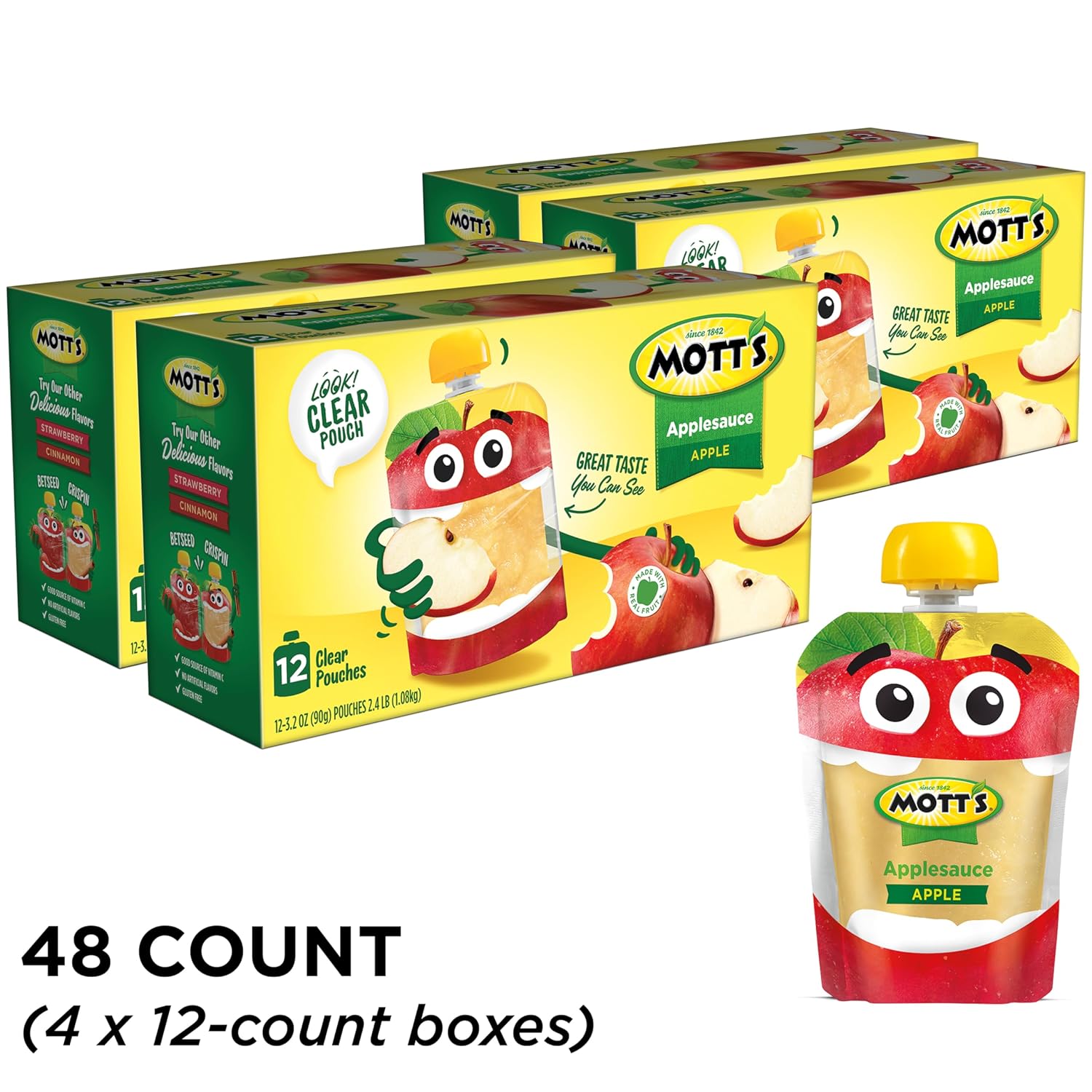 Mott's Original Applesauce, 3.2 Oz Clear Pouches, 48 Count (4 Packs Of 12), No Artificial Flavors, Good Source Of Vitamin C, Nutritious Option For The Whole Family