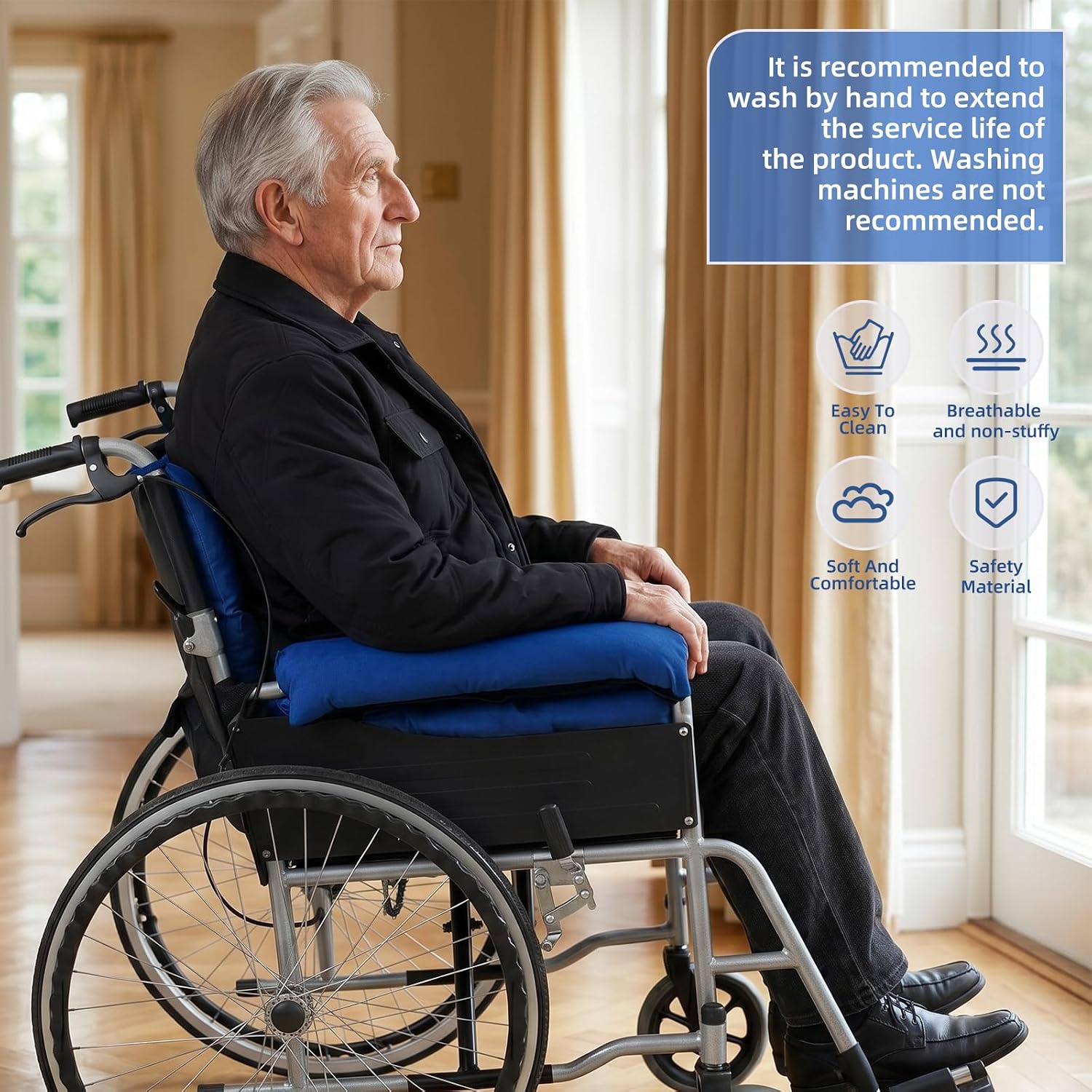 Wheelchair Cushions，Pressure Pain Relief Accessories with Armrest Covers. Supports Coccyx & Back, Non-Slip. Fits 18" Wheelchair with Full Arms, Blue.