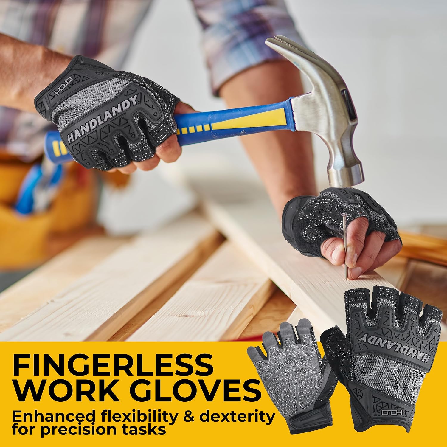 HANDLANDY Framer Work Gloves Open-Finger Carpenters Gloves, Fingerless Gaming Gloves for Tactical Shooting, Airsoft, Hunting, Police Work and Hiking L