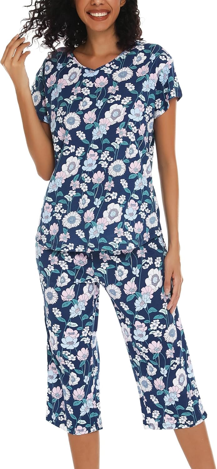 ENJOYNIGHT Womens Pajama Set Cotton Short Sleeve Top With Capri Pants Pj