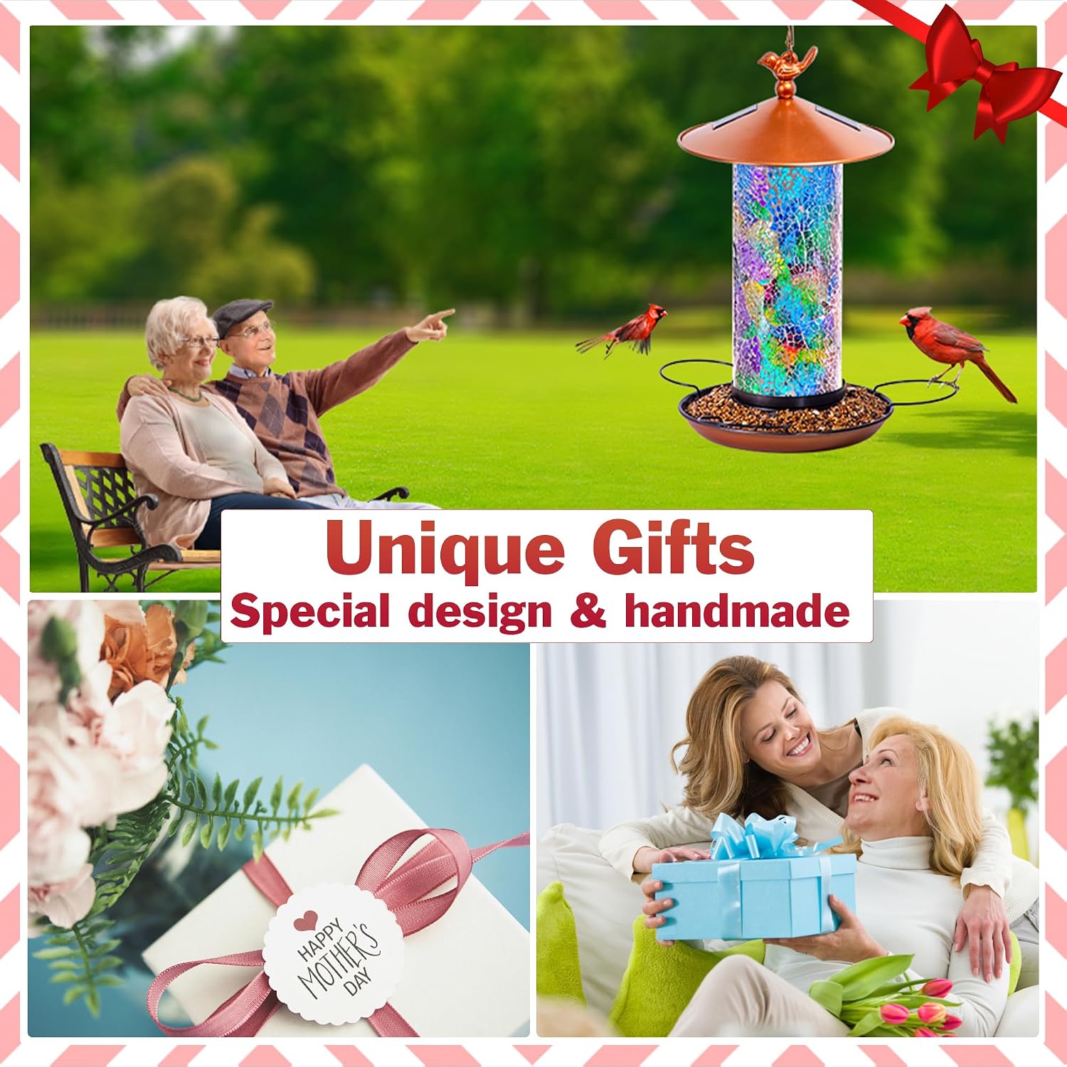 XDW-GIFTS Mosaic Solar Wild Bird Feeder, Waterproof Lantern Shape with S-Hook & 4 LED Lights, Garden Decor for Lawn, Patio, Balcony, Yard Ornament - Unique Gifts for Mom, Women, Grandma, Bird Lovers