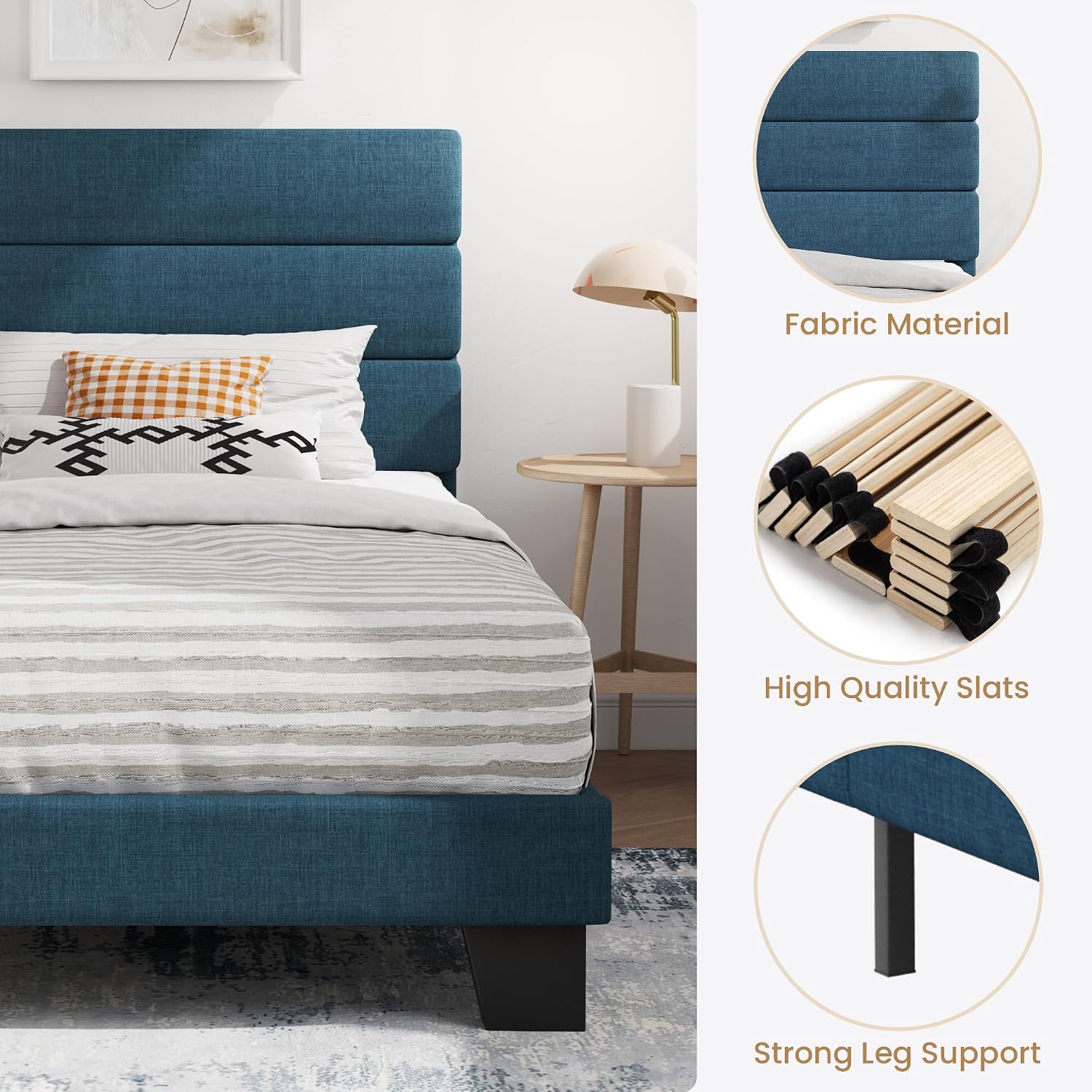 SHA CERLIN Full Platform Bed Frame with Upholstered Fabric Headboard, Grey