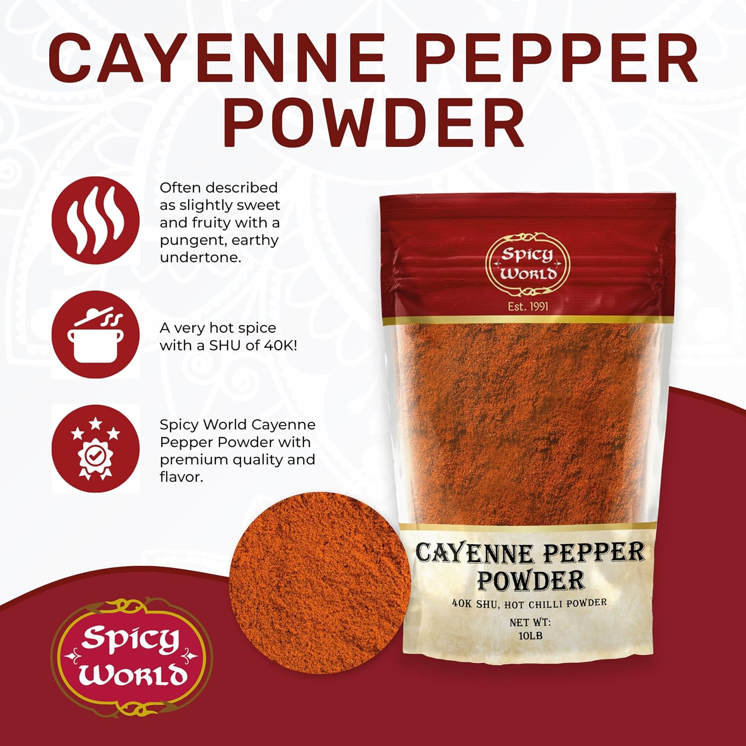 Spicy World Cayenne Pepper Powder Ground Chili Pepper 10 Pound Bulk Bag- 40K SHU, Hot Chilli Powder