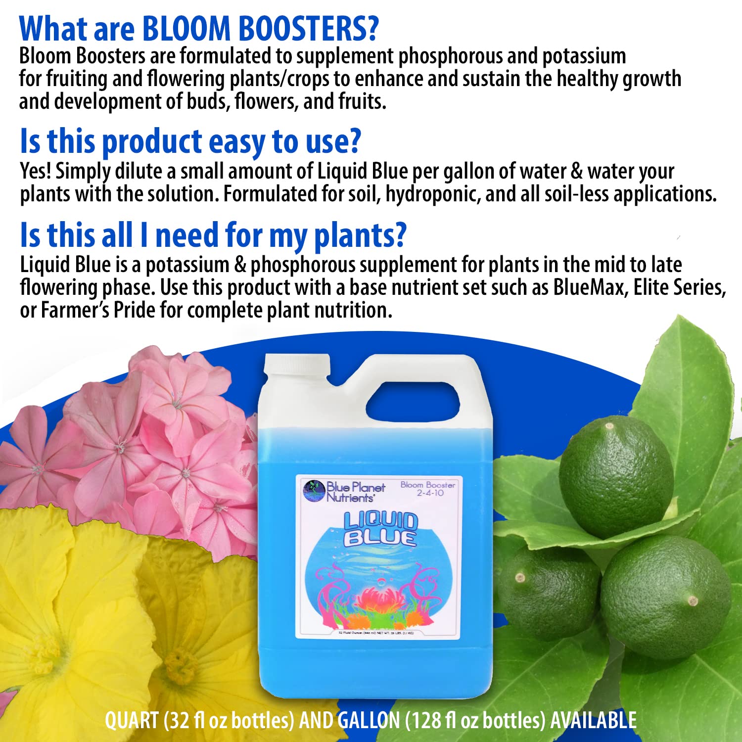 Bloom Booster Fertilizer Liquid PK Enhancer - Blue Planet Nutrients Liquid Blue for Bigger Flowers & Yields - Quart