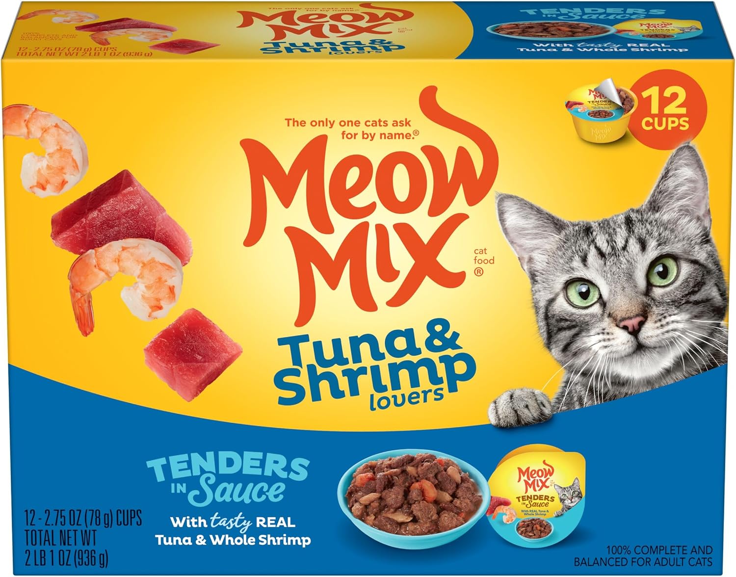 Meow Mix Tenders in Sauce, Wet Cat Food with Tuna & Whole Shrimp, 12 Cups