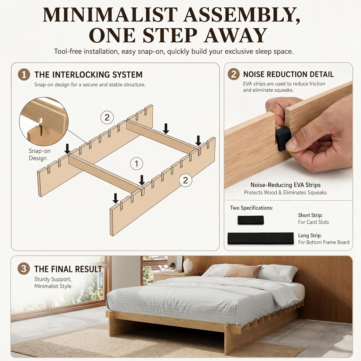 Brafab Tooless Queen Bed Frame, Wooden Japanese Joinery Platform Bed Frame | Wood Slat Support, Assembly in 10 Min, 8" Underbed Storage, No Box Spring Needed, Noise Free, Kid-Friendly Design, Natural