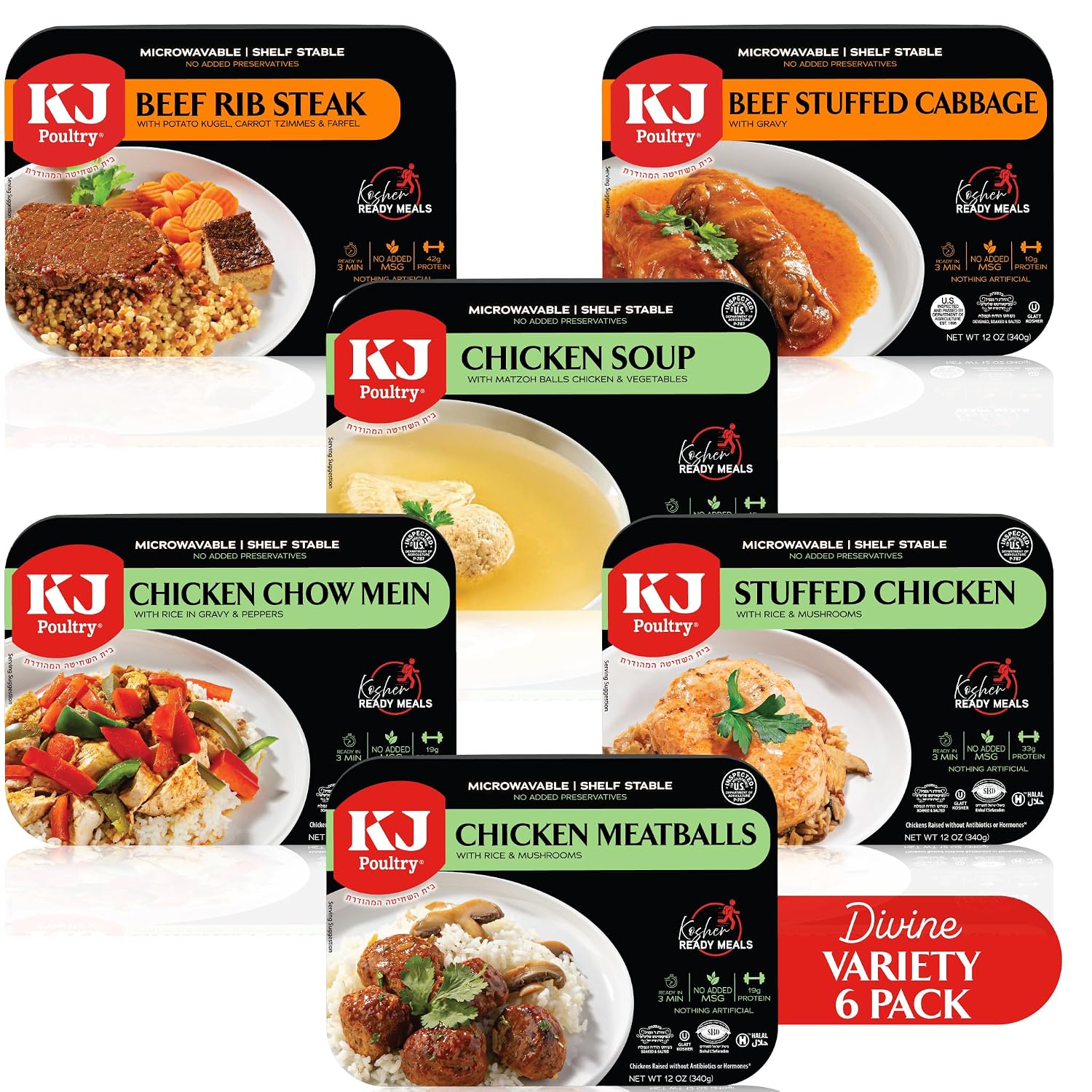 KJ Poultry Kosher Ready Meals - (6 Pack Divine Variety - Beef & Chicken) Prepared Entree Fully Cooked