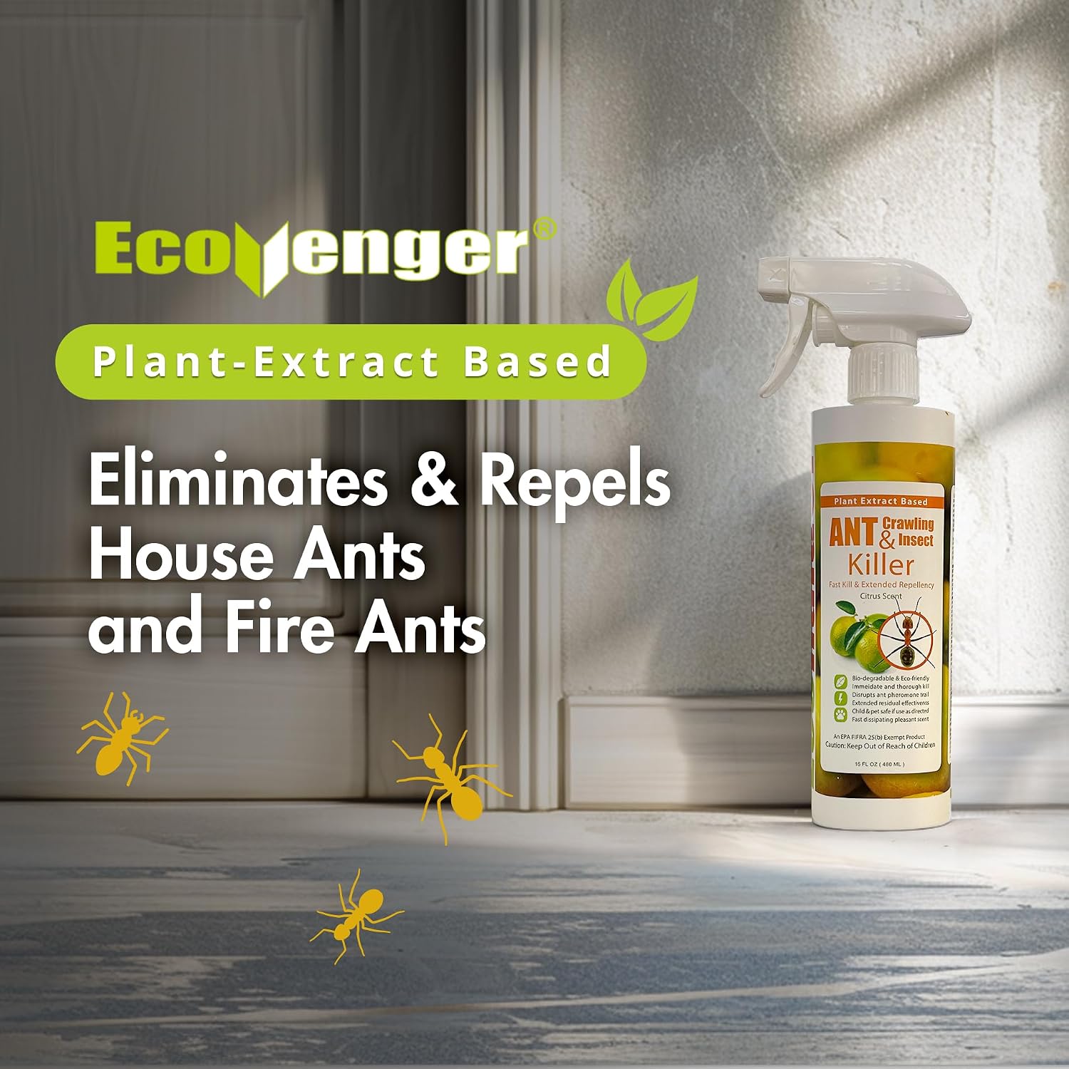 EcoVenger By EcoRaider Ant Killer & Crawling Insect Killer, 16 OZ Ready to Use, Indoor & Outdoor, Kills & Repels, Lasting Prevention, Natural & Non-Toxic Plant Based Formula, Pleasant Citrus Scent