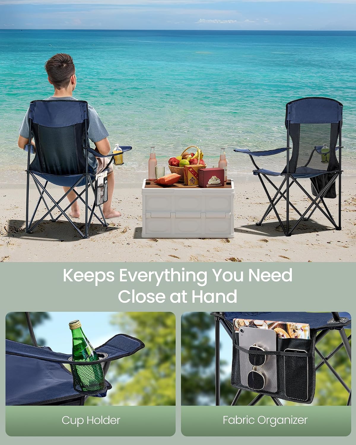 SONGMICS Camping Chair, Folding Oversized Chair, Comfortable and Heavy-Duty, 352 lb Weight Capacity, Adjustable Armrests with Cooler Bag, Storage Bag, Breathable Mesh, Bijou Blue UGCB060Q01