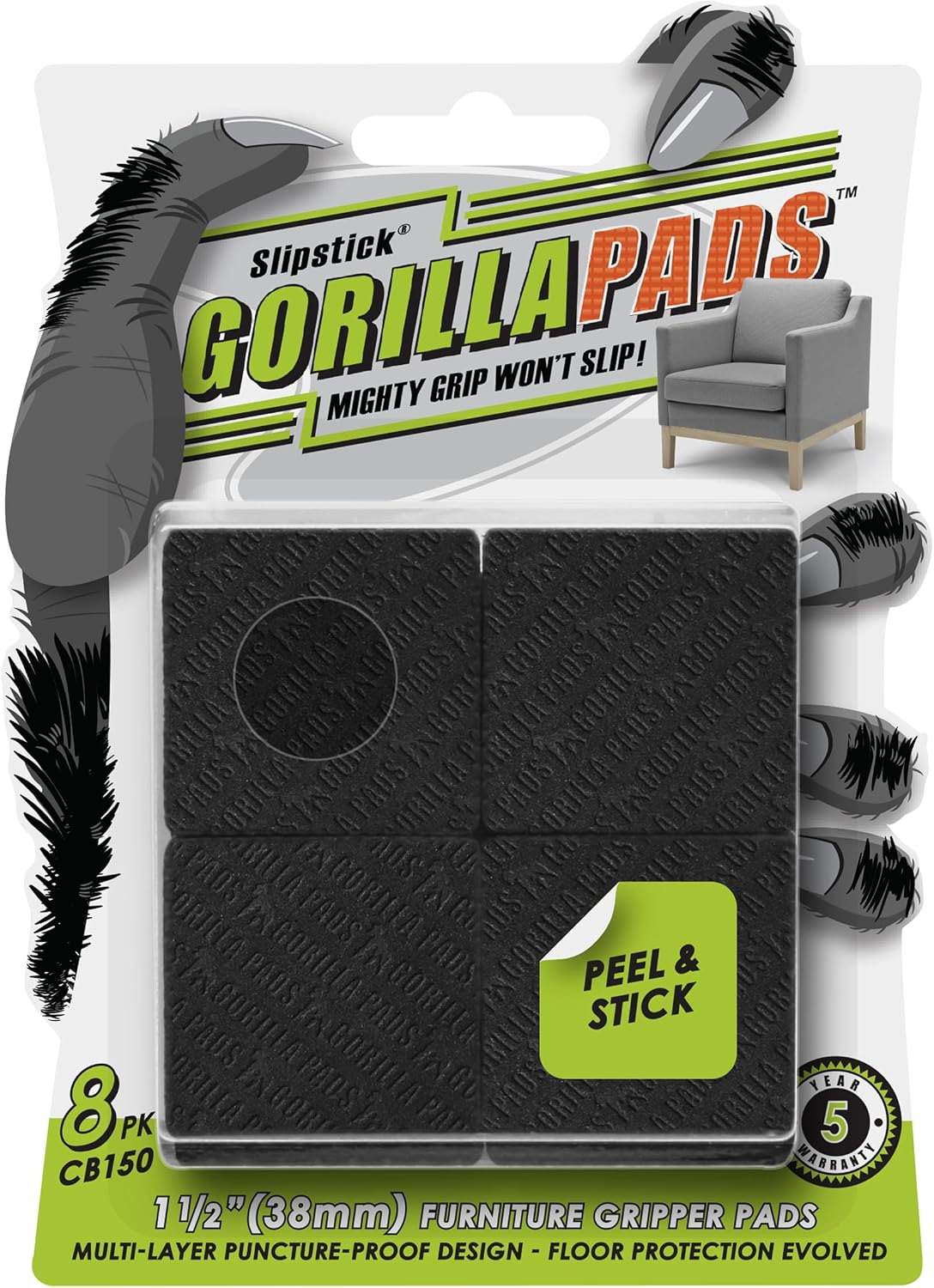 Slipstick GorillaPads CB149 Non-Slip Furniture Pads/Rubber Grippers (Set of 8) Self-Adhesive Furniture Feet Floor Protectors, 1-1/2 inch Round, Black