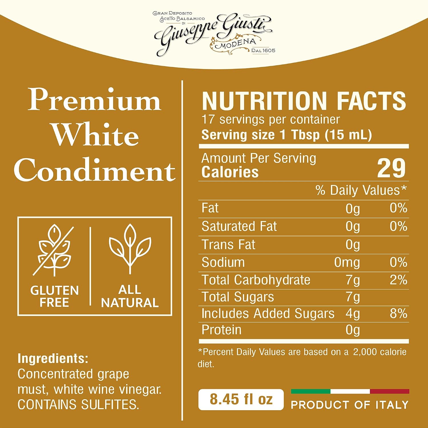 Giusti White Balsamic Vinegar Dressing – Condiment for Cooking and Finishing Dishes such as Salads, Vegetables, or Fish. Made in Italy with Balsamic Vinegar of Modena – 8.45 fl oz (250 ml) - Pack of 1