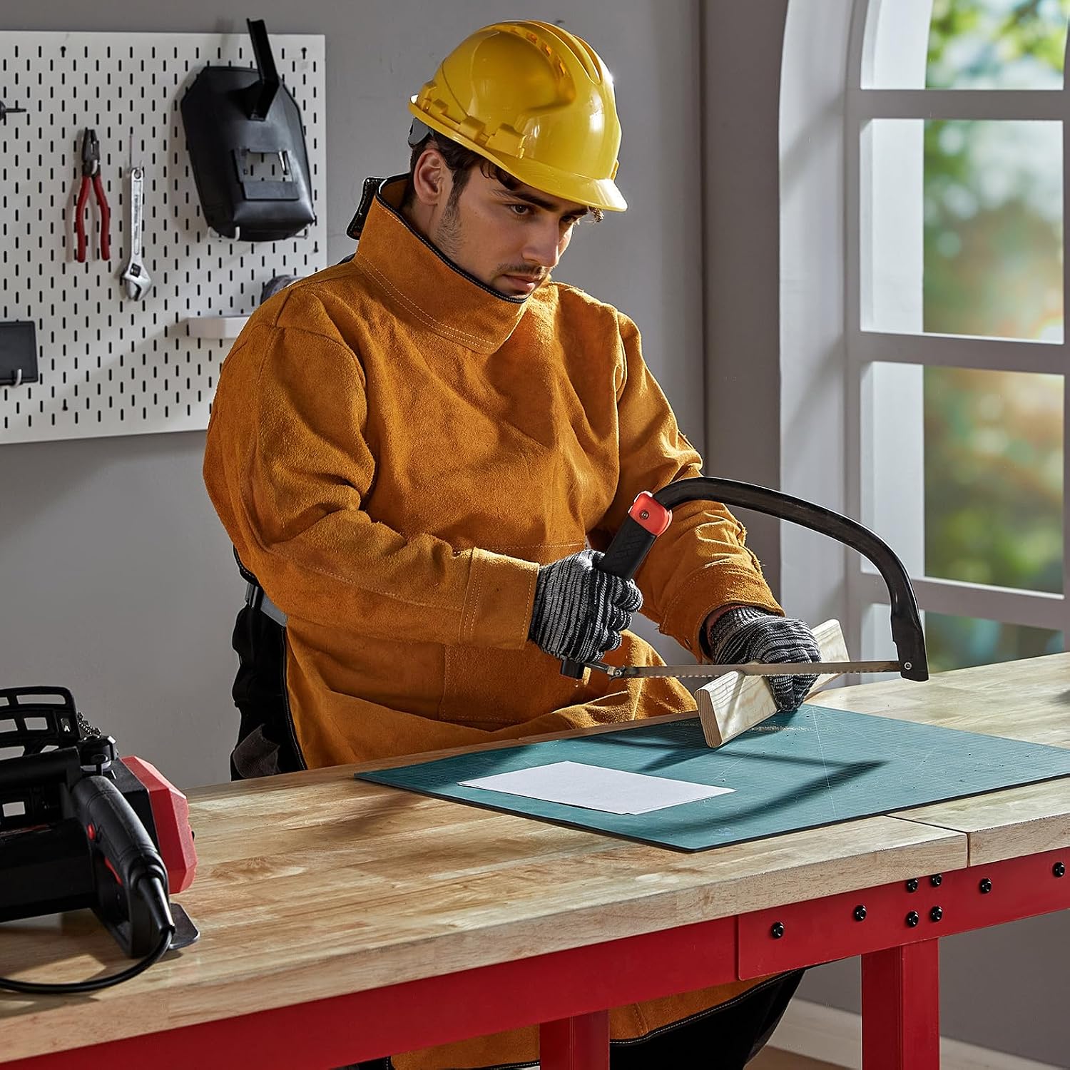 Albott 44 x 20-Inch Adjustable Workbench | 2000 Lbs Capacity, Solid Rubber Wood Top, Power Outlets and Hooks, for Garage, Workshop and Home Office, Black
