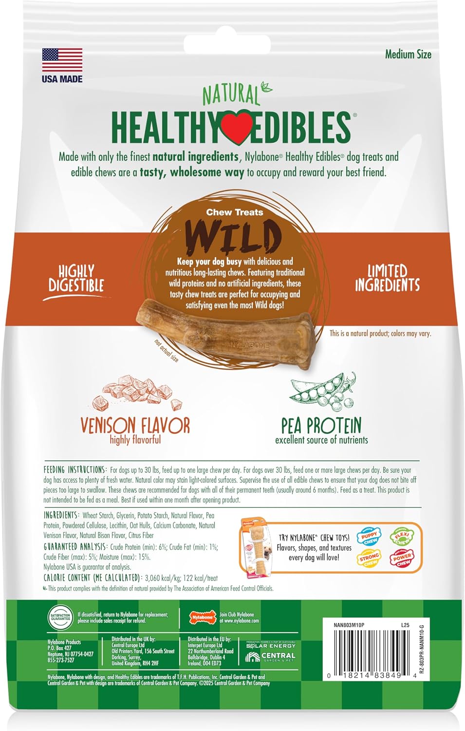 Nylabone Healthy Edibles Wild Dog Treats, Venison Flavor, Large | Natural dog chew bones, made in USA, highly digestible dog chews, long lasting chews for large dogs up to 50 lbs