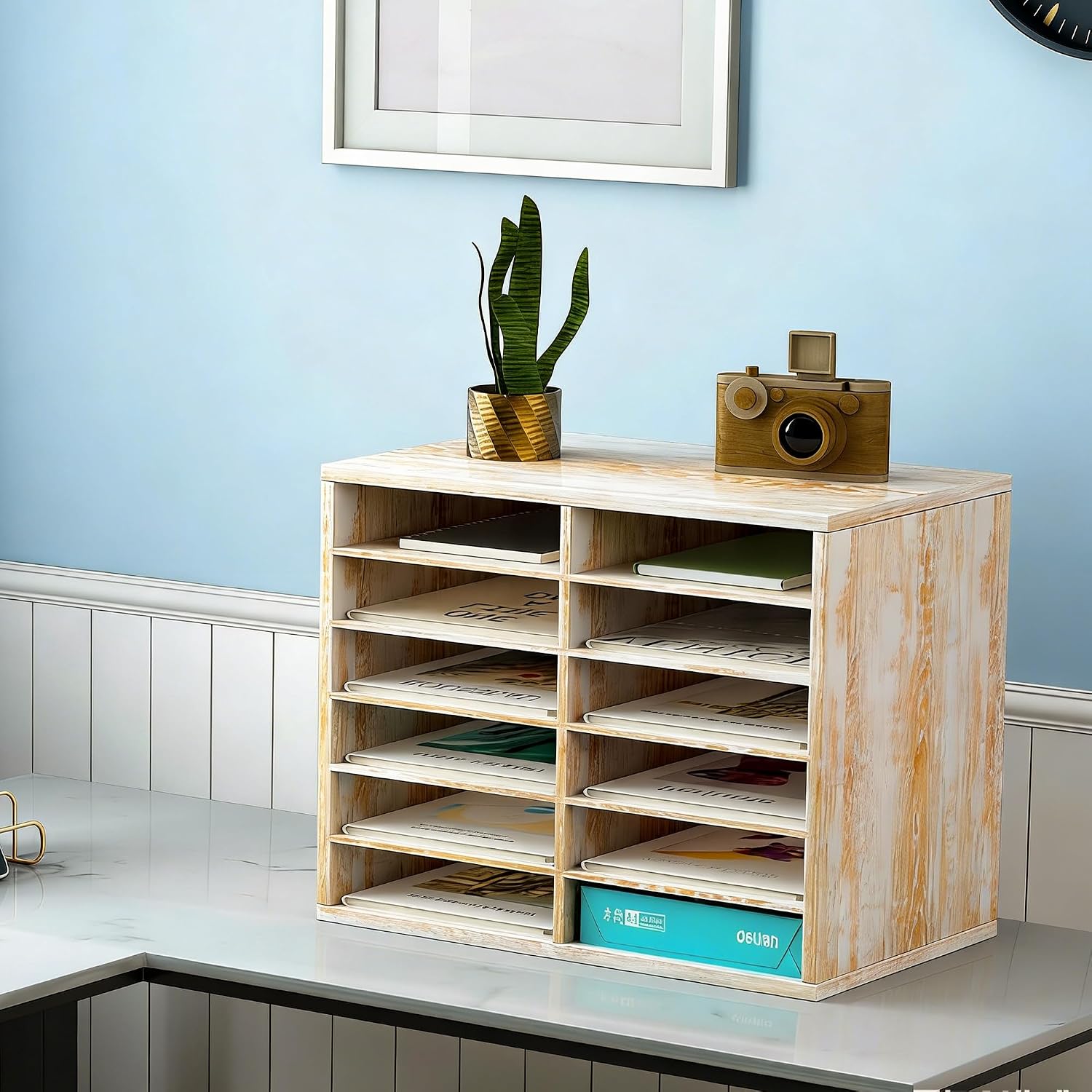 TQVAI Wood Literature Organizer, 27 Slots Hold 13500 Sheets A4 Papers, Wooden Desk File Paper Storage Organizer with Adjustable Shelves