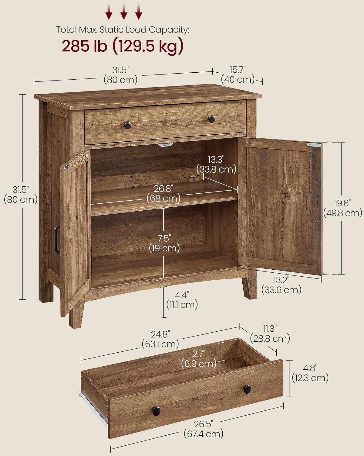 VASAGLE LIRY Collection - Storage Cabinet, Buffet Cabinet, Sideboard, Credenza, with Adjustable Shelves, for Entryway, Rustic White and Honey Brown ULSC381W01