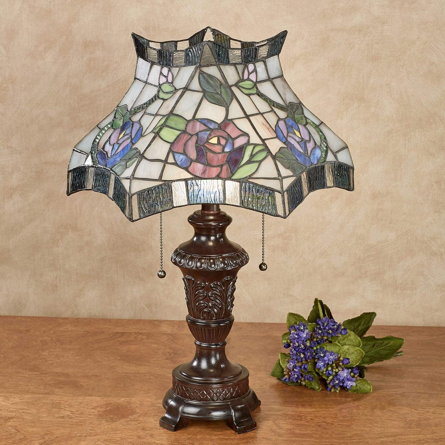Touch of Class Cicily Rose Stained Glass Table Lamp - Blue, Lavender, Green - Handcrafted - Antique Look - Tiffany Style Lamps for Bedroom Decor