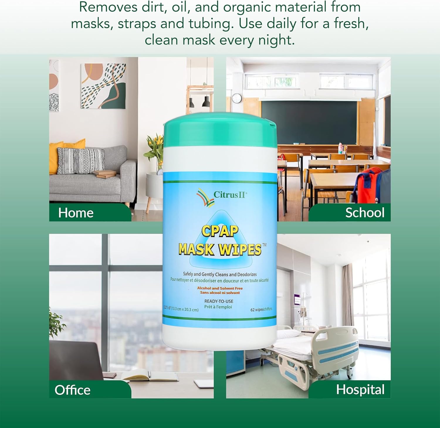 Citrus II Cleaning Wipes - Sanitizes BIPAP and CPAP Masks - Removes Dirt and Oil - Clean Citrus Scent - 62 Wipes Per Canister - Pack of 3 | Ideal