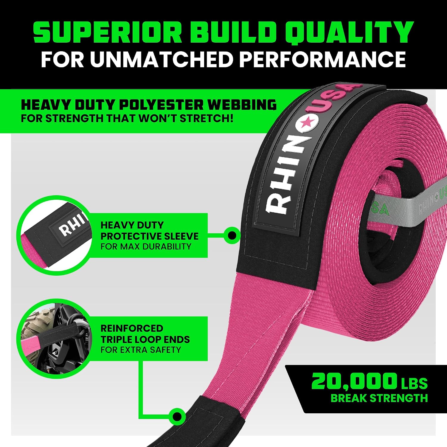 Rhino USA Recovery Tow Strap (3in x 30ft) - 31,518lb Heavy Duty Towing | 31,518lb Break Strength Emergency Tow Strap, Extended 30ft Length. For Truck, UTV, ATV & Jeep Offroad Recovery. Black
