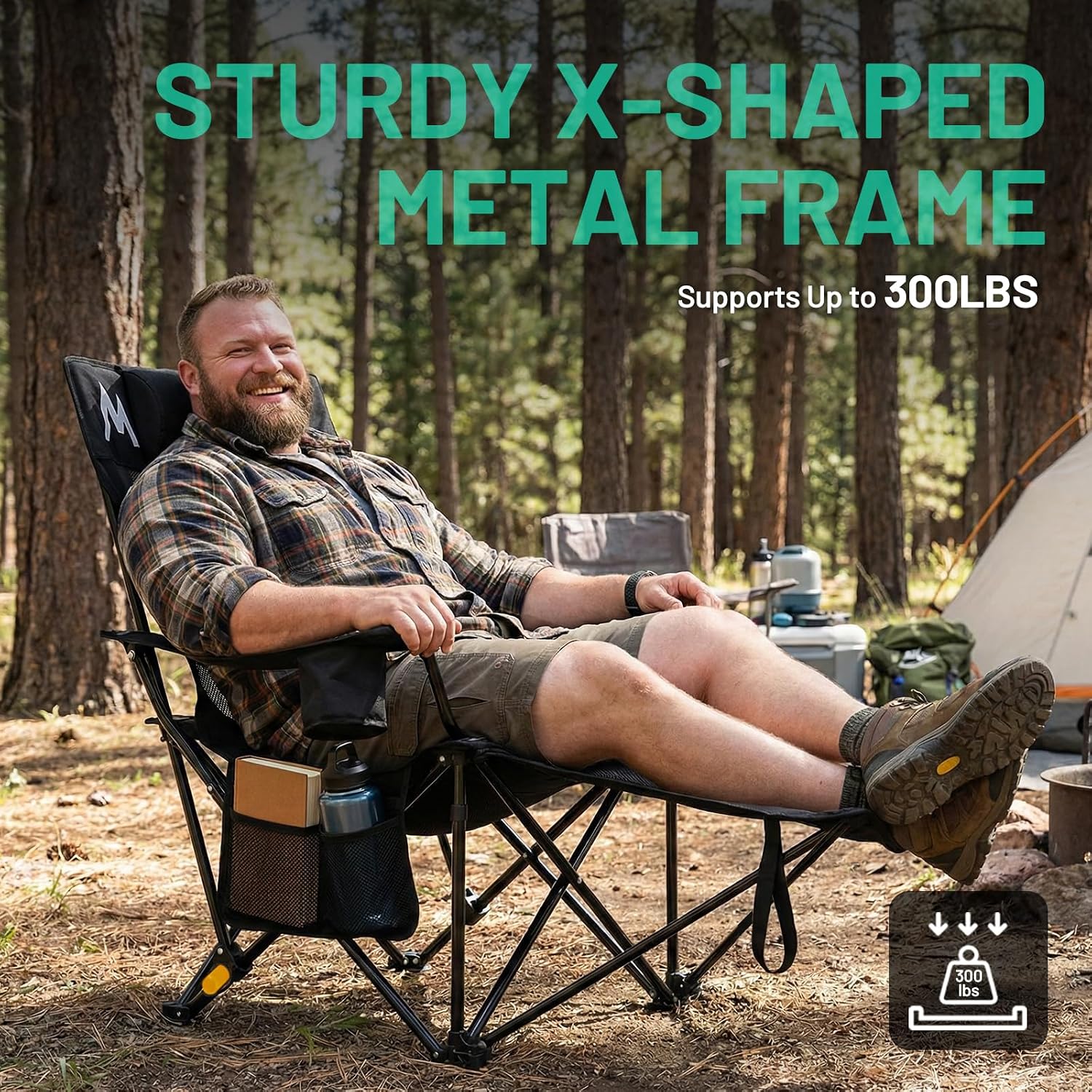 Overmont Reclining Camping Chair with Footrest - 4-Position Adjustable Backrest Lightweight Folding Lounge Chair for Adults with Pillow Carry Bag