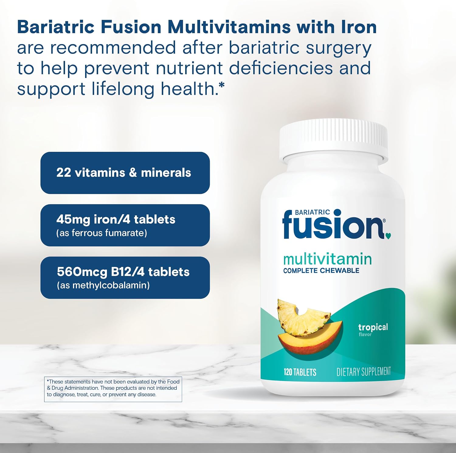 Bariatric Fusion Orange Cream Flavored Complete Chewable Bariatric Multivitamin with Iron for Bariatric Surgery Patients Including Gastric Bypass and Sleeve Gastrectomy - 120 Tablets