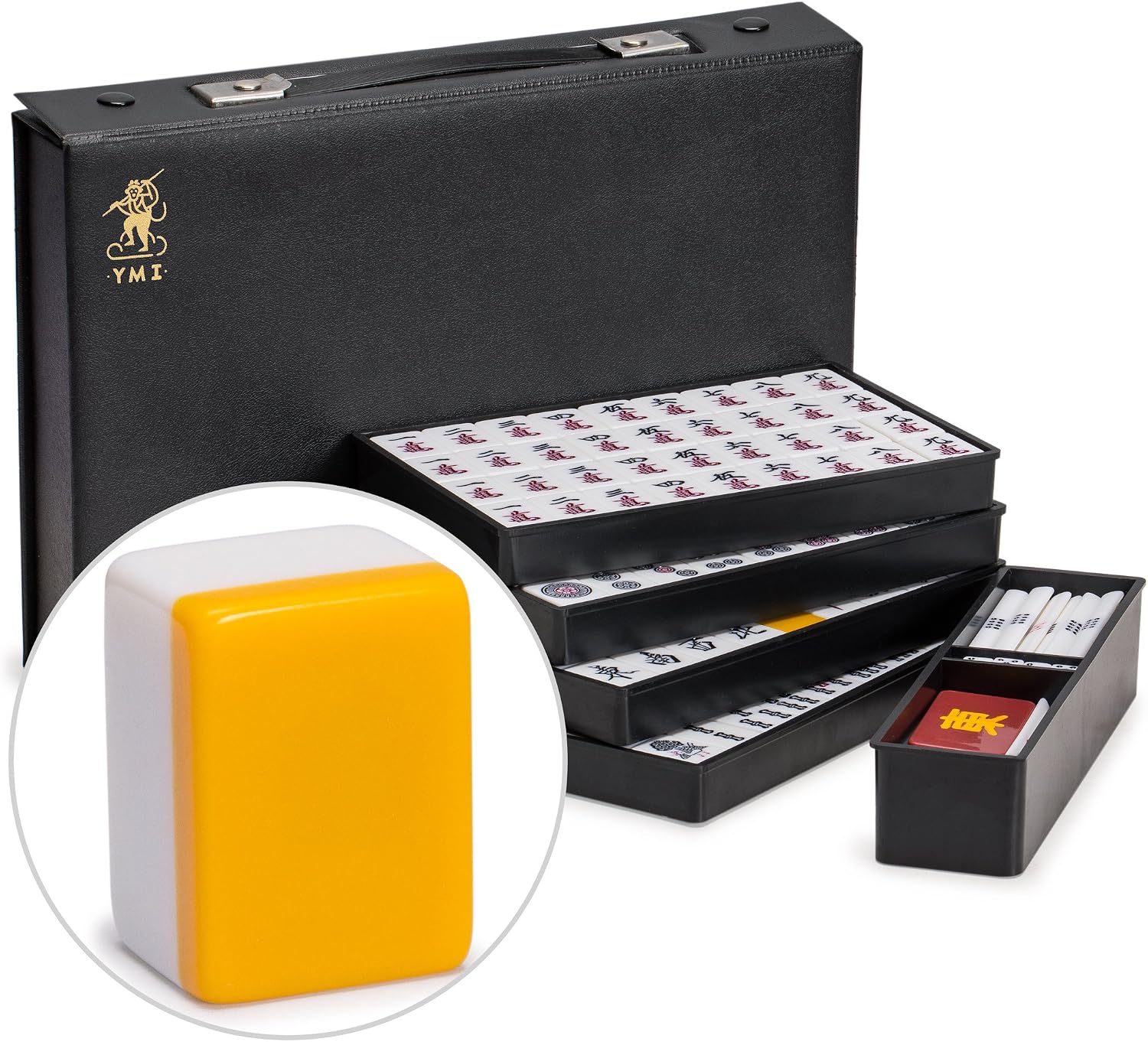 Yellow Mountain Imports Japanese Riichi Mahjong Set - White and Yellow Standard Size Tiles - with East Wind Tile and Black Vinyl Case