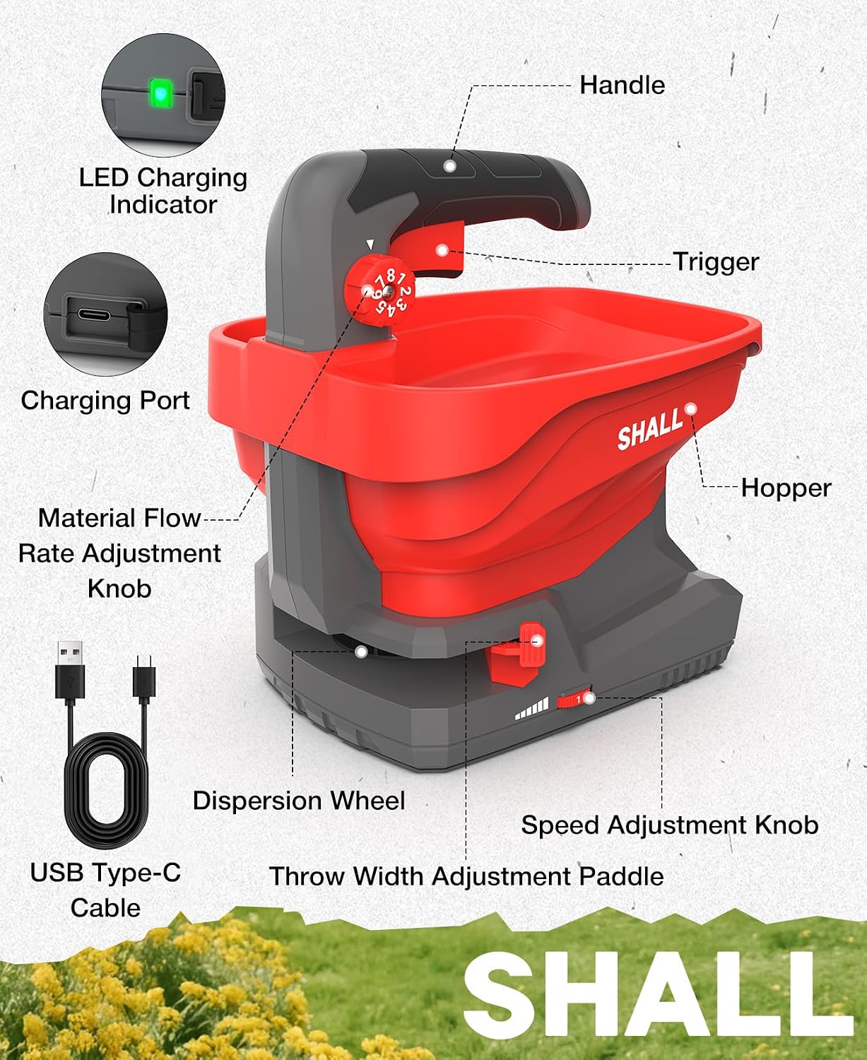 SHALL Battery Powered Fertilizer Spreader, 7.2V Rechargeable Seed Spreader for Salt, De-Icer, Earth Food, Grass Seed