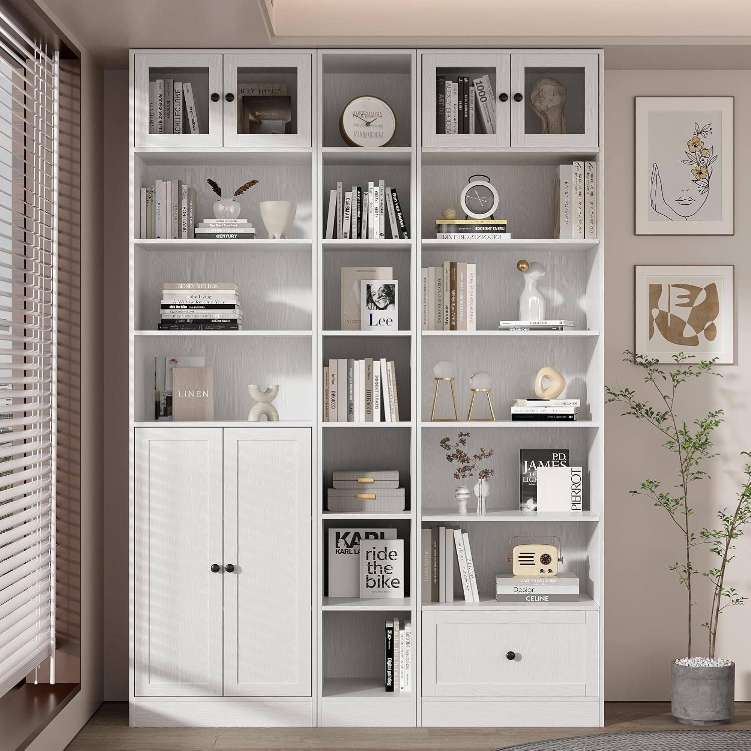 TUSY 85.5 Inch Tall Bookshelf with Doors - 7 Tier Bookcase with Glass Doors and Drawer, 23.6" Wide Storage Cabinet with Open Shelves for Living Room, White Book Shelf for Home Office, Study (AAAA)