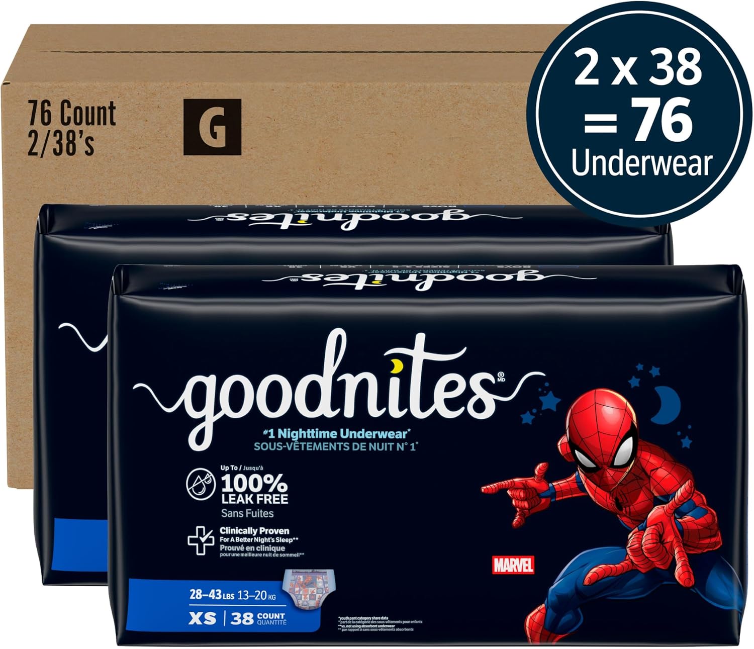 Goodnites Boys' Nighttime Bedwetting Underwear, Size S/M (43-68 lbs), 44 Ct (2 Packs of 22), Packaging May Vary