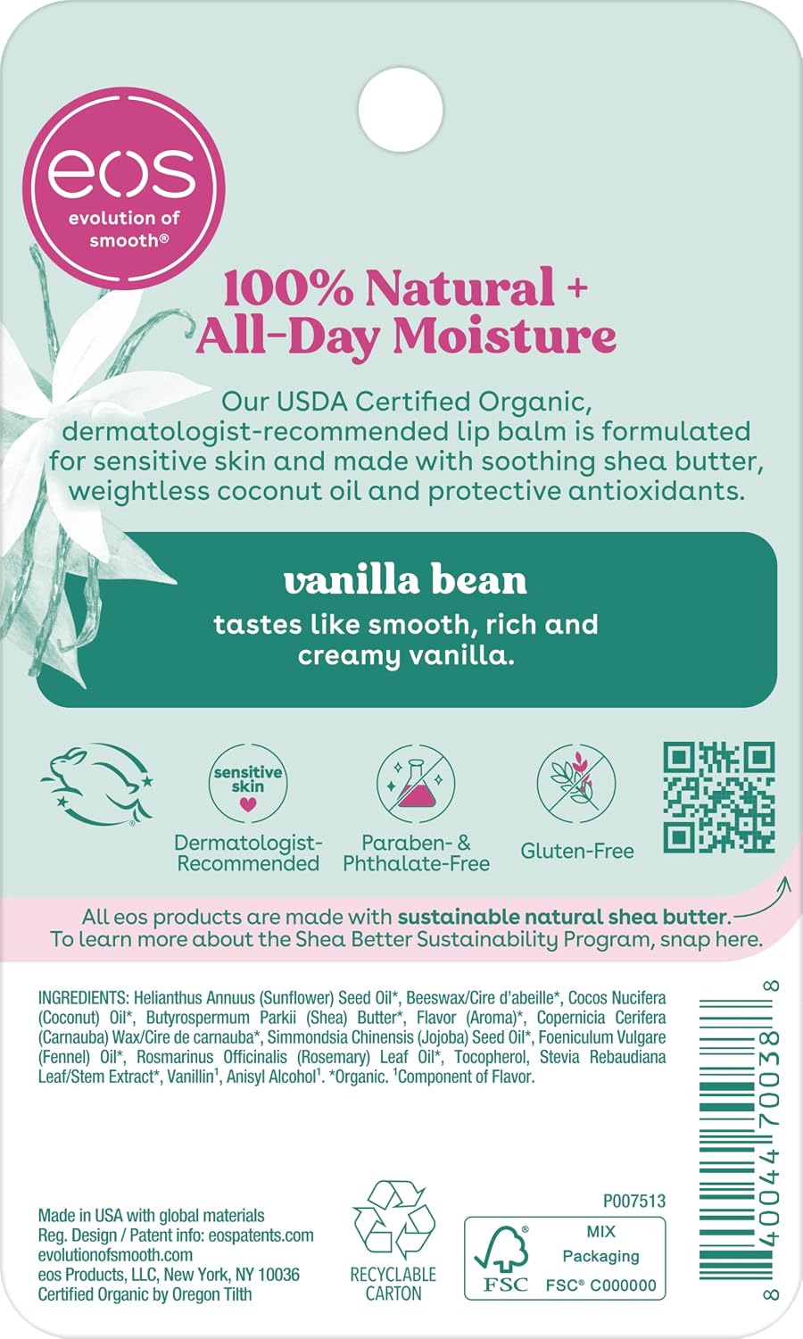 eos 100% Natural & Organic Lip Balm - Strawberry Sorbet, All-Day Moisture, Dermatologist Recommended for Sensitive Skin Care, Lip Care Products, 0.25 oz