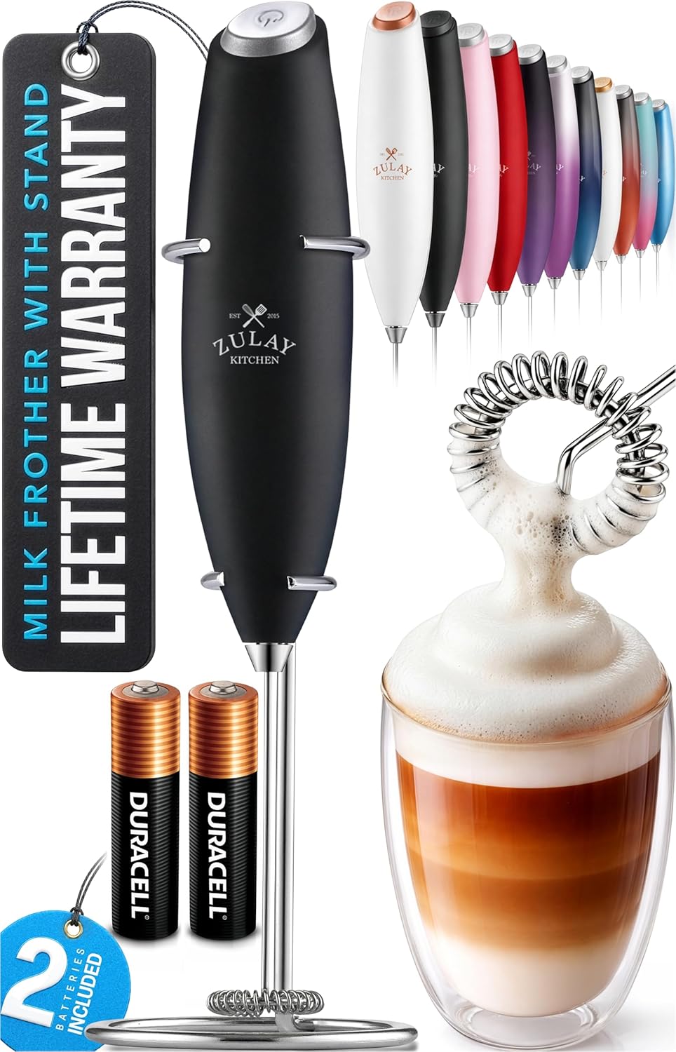 Zulay Kitchen Powerful Milk Frother Wand With Duracell Batteries - Ultra Fast Handheld Drink Mixer - Electric Whisk Foam Maker for Coffee, Lattes