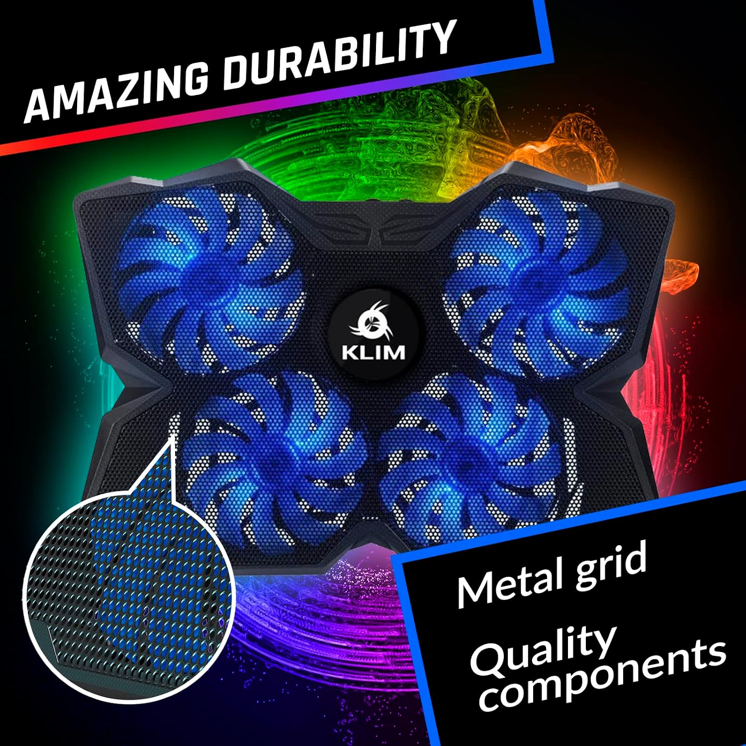 KLIM Wind Laptop Cooling Pad - More Than 500 000 Units Sold - New Version - The Most Powerful Rapid Action Cooling Fan - Laptop Stand with 4 Cooling Fans at 1200 RPM - USB Fan - PS5 PS4 - Blue