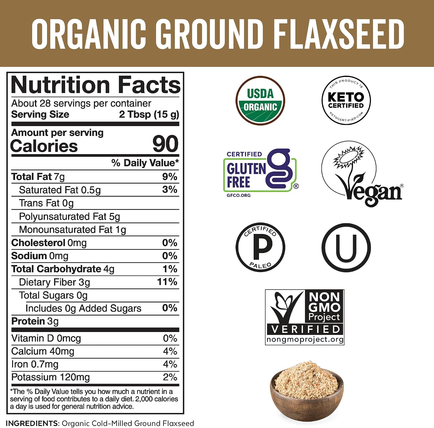 Viva Naturals Organic Ground Flaxseed, 15 oz (425 g) – Plant-Based Protein, Vegan Omega-3 & Fiber, Finely Milled Flax Seeds, Perfect for Smoothies & Baking