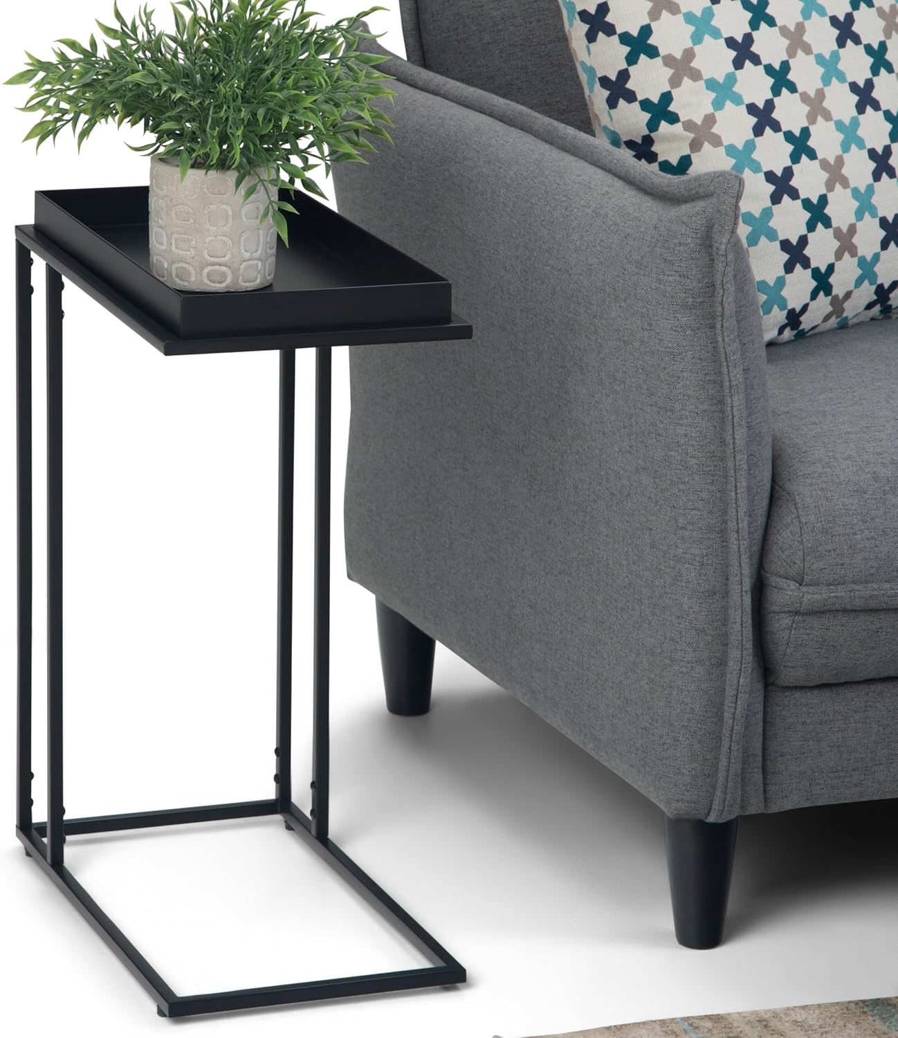SIMPLIHOME Skyler 18" Wide Solid Wood C-Side End Table in Dark Cognac Brown | Industrial slide-under accent table with open frame, assembled; perfect for living rooms as a side table or sofa table.