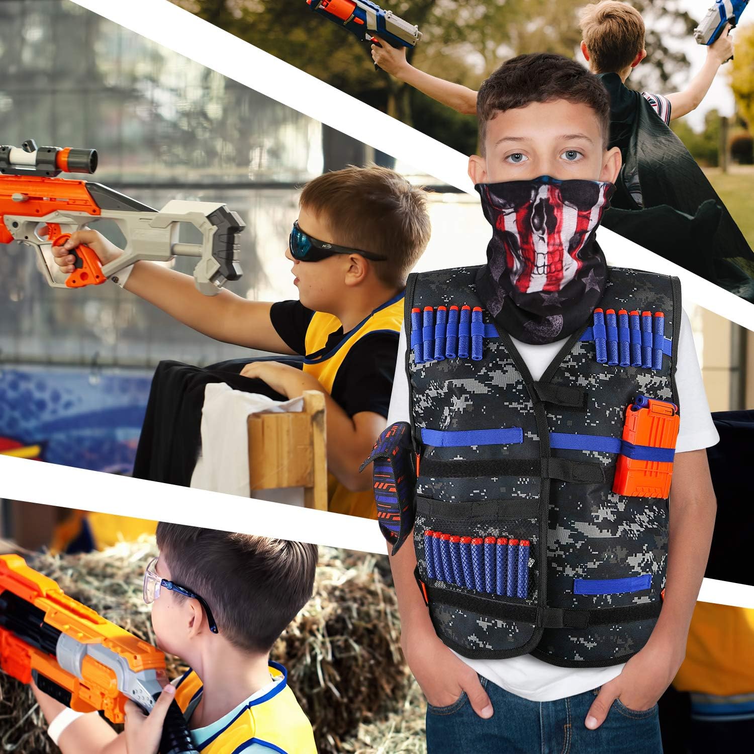 KKONES Kids Nerf Guns Tactical Vest Kit Darts Pouch Clips Mask Glasses