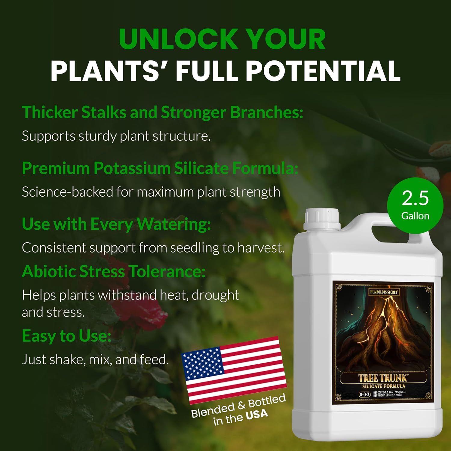 Humboldts Secret Tree Trunk | Potassium Silicate Additive | Liquid Fertilizer for Thicker Stalks, Stress Resistance & Branch Development | Indoor & Outdoor Plant Food, Hydroponic Nutrients, 32 Ounce