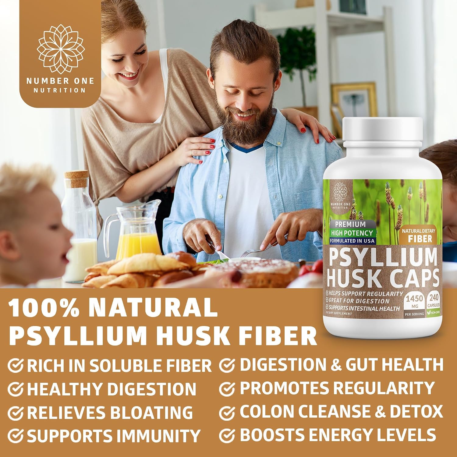 Psyllium Husk Capsules 1450mg, Soluble Fiber Support, Non-GMO, 240 Caps