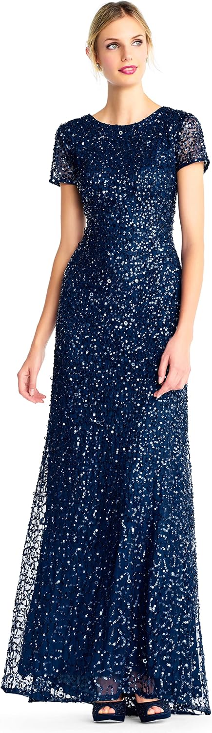 Adrianna Papell Womens Short-Sleeve All Over Sequin Gown