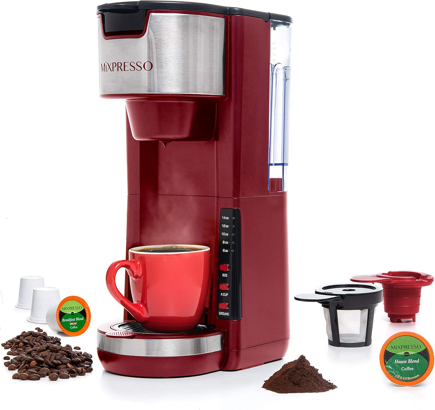 Mixpresso Black Single Serve Coffee Brewer K-Cup Pods Compatible & Ground, 30 oz Compact Coffee Maker Single Serve With 5 Brew Sizes Up To 14 Oz