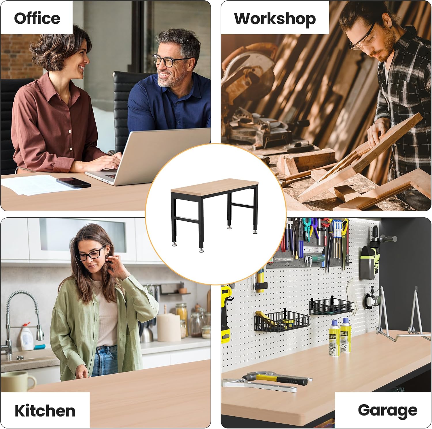 Antifir 60" Adjustable Workbench, Heavy Duty Wood Workstation | Garage Workbench, 2000 LBS Load Capacity, Work Table with Power Outlet and Foot Pads for Commercial, Workshop, Office, Home