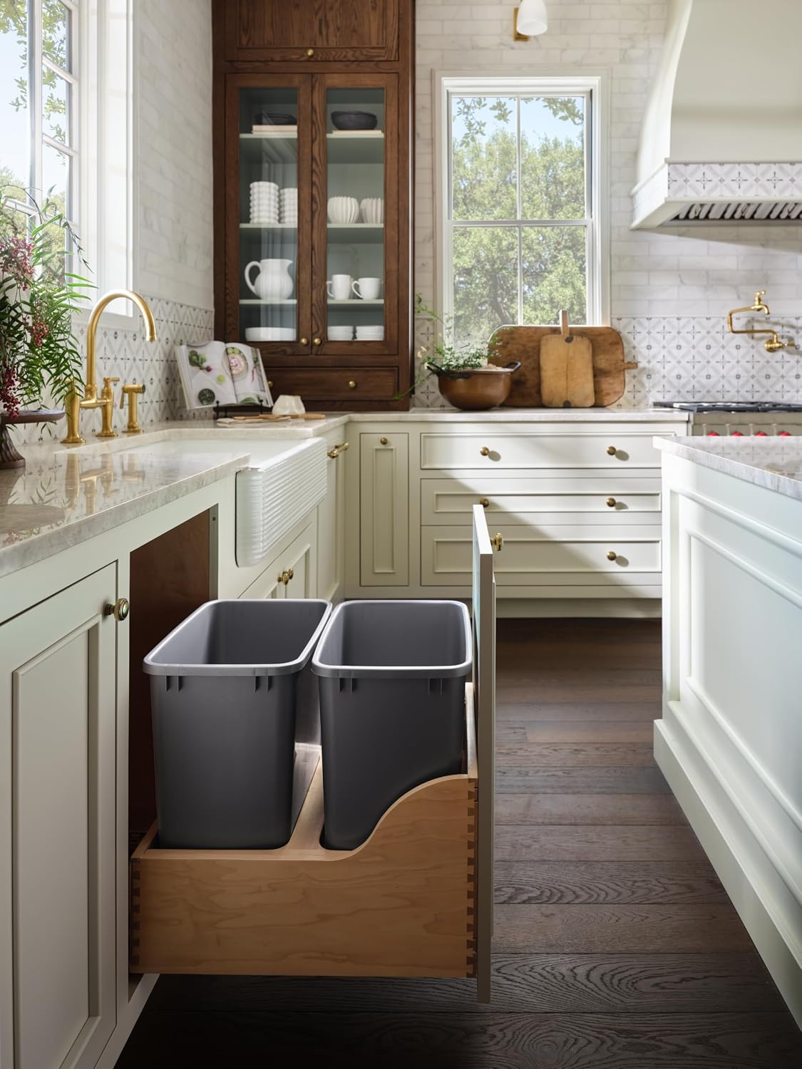 Rev-A-Shelf Double Pullout Trash Can, Min Cabinet Opening 18" W, 50 Qt | w/ Soft-Close, Under Cabinet Waste/Recycling Bin w/ Lid, Silver, 4WCSC-2150DM-2