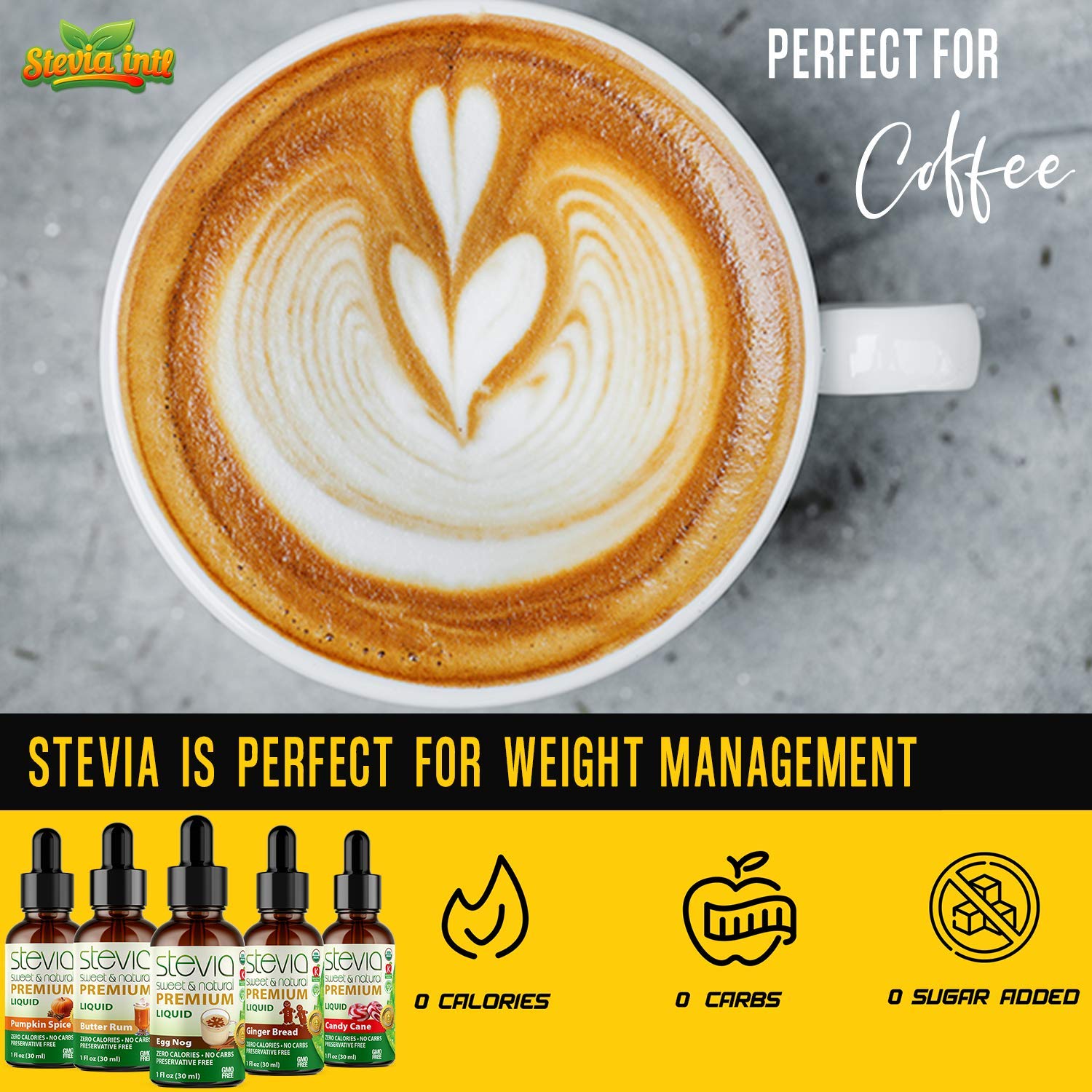 Stevia Intl - Holiday & Seasonal Special (Pack of 5). Premium Stevia Drops with 5 Flavors in Glass Bottles. 100% All-Natural Sweet, Non-Bitter