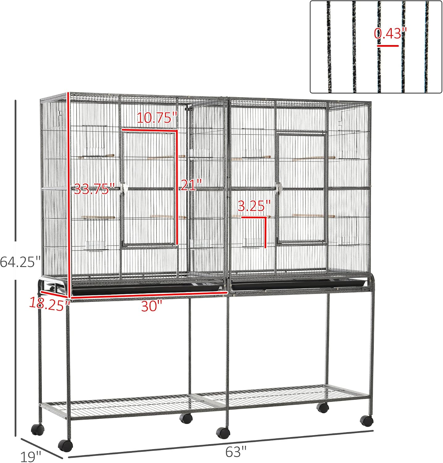 PawHut 65" Double Rolling Metal Bird Cage with Divider, Large Parrot Cage for Parakeet, Canaries, Lovebirds, Budgie, Finch