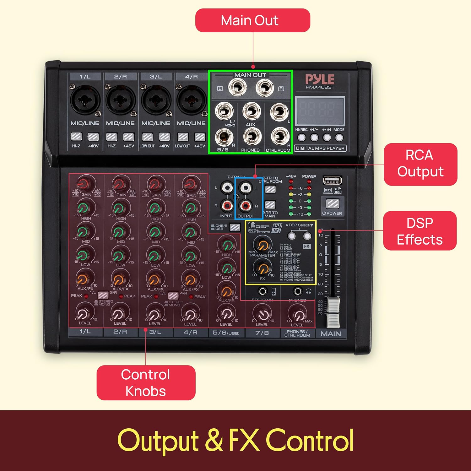 Pyle Professional Wireless DJ Audio Mixer - 4 Channel Bluetooth Controller Sound Mixer, USB Audio Interface