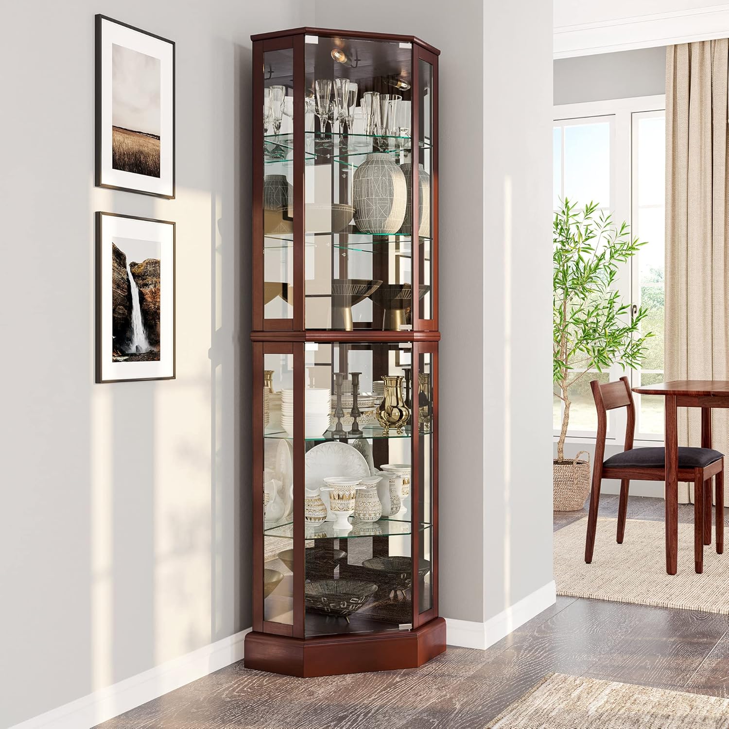 BELLEZE Lighted Corner Display Curio Cabinet Wooden Curved Shelving Unit with Tempered Glass Door