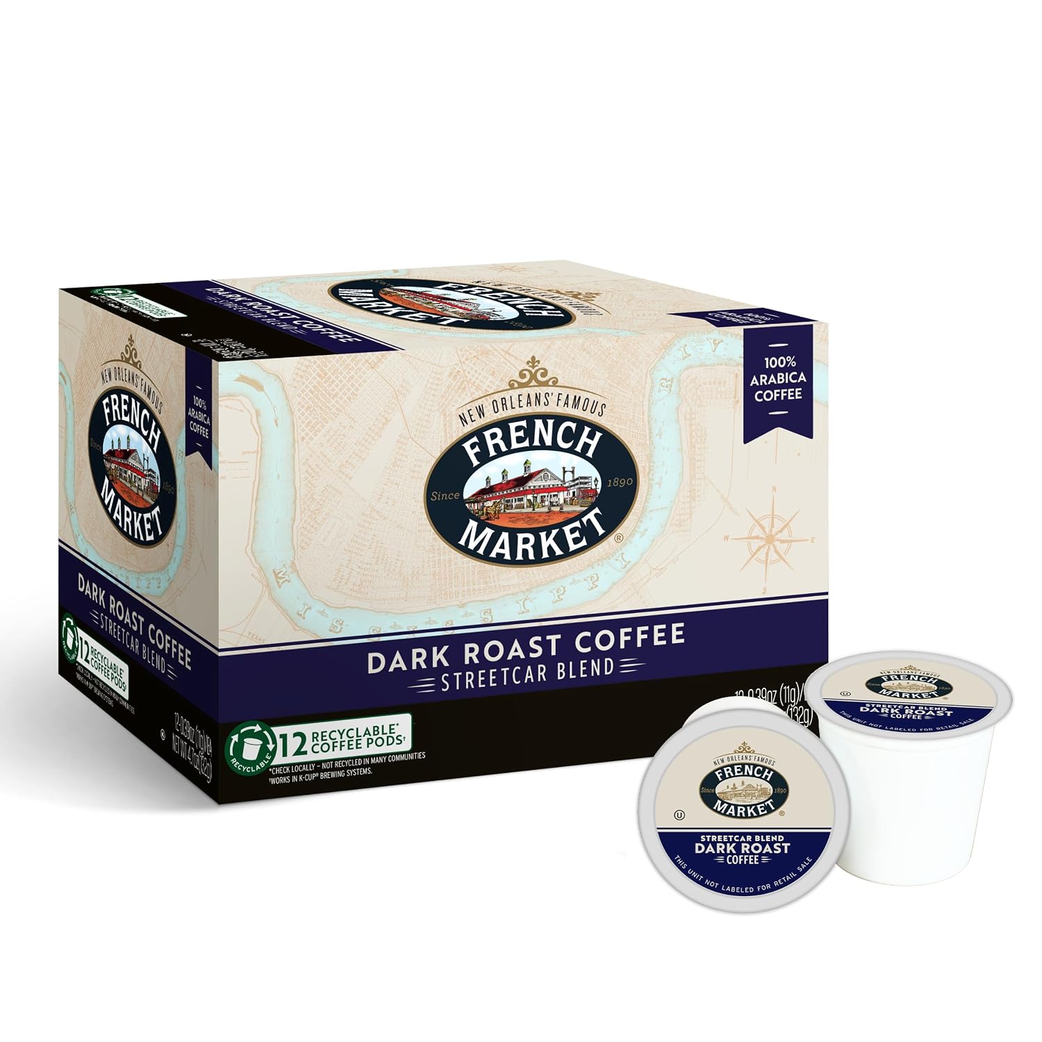French Market Streetcar Blend Dark Roast Single Serve Coffee Pods, 12ct Box (Pack of 6)