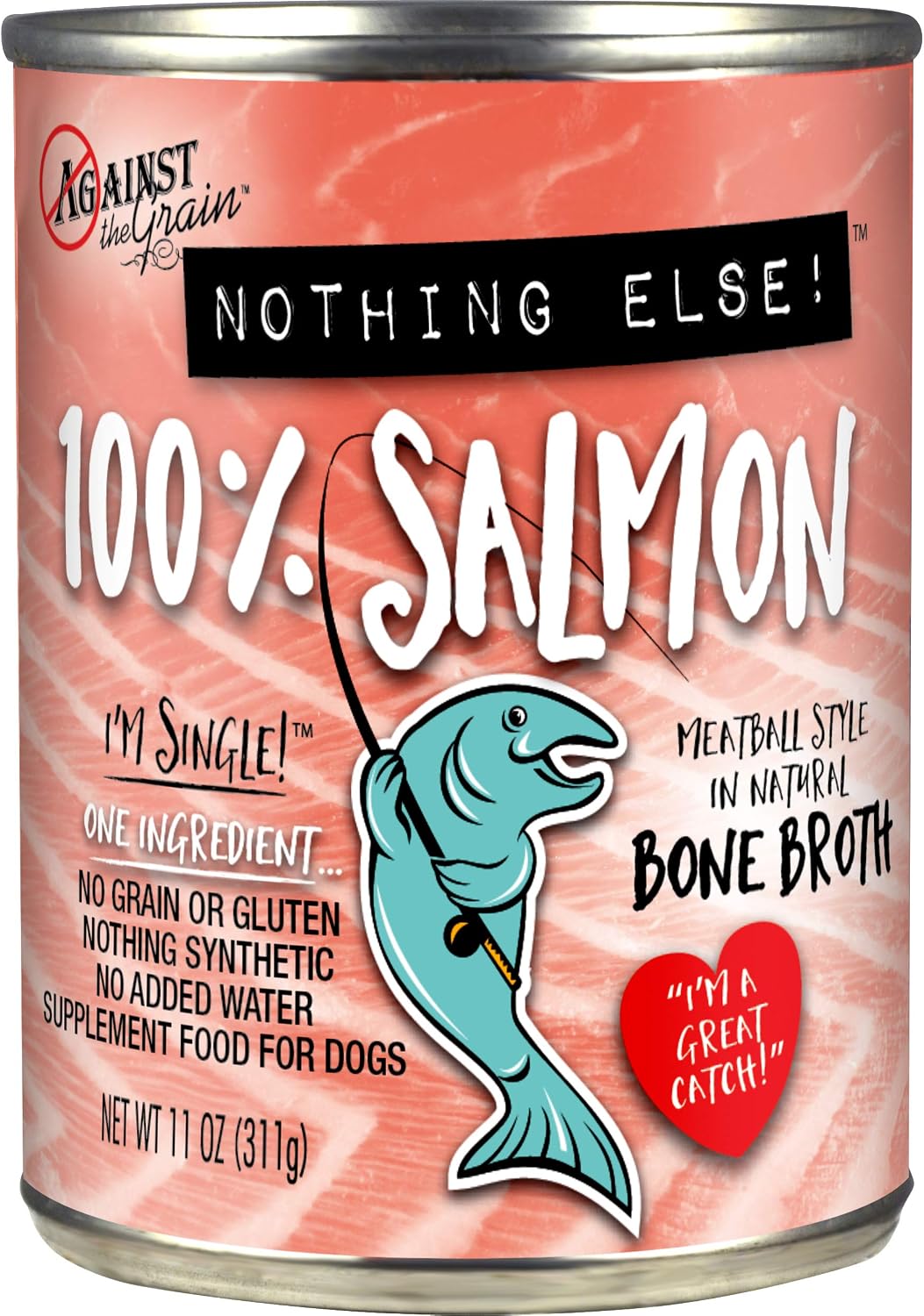 Against The Grain Nothing Else! 100% Salmon Dog Food – 12 Count, 11 oz Each – Single-Ingredient Meatball Texture in Natural Broth – Wet Dog Food – Grain & Gluten Free
