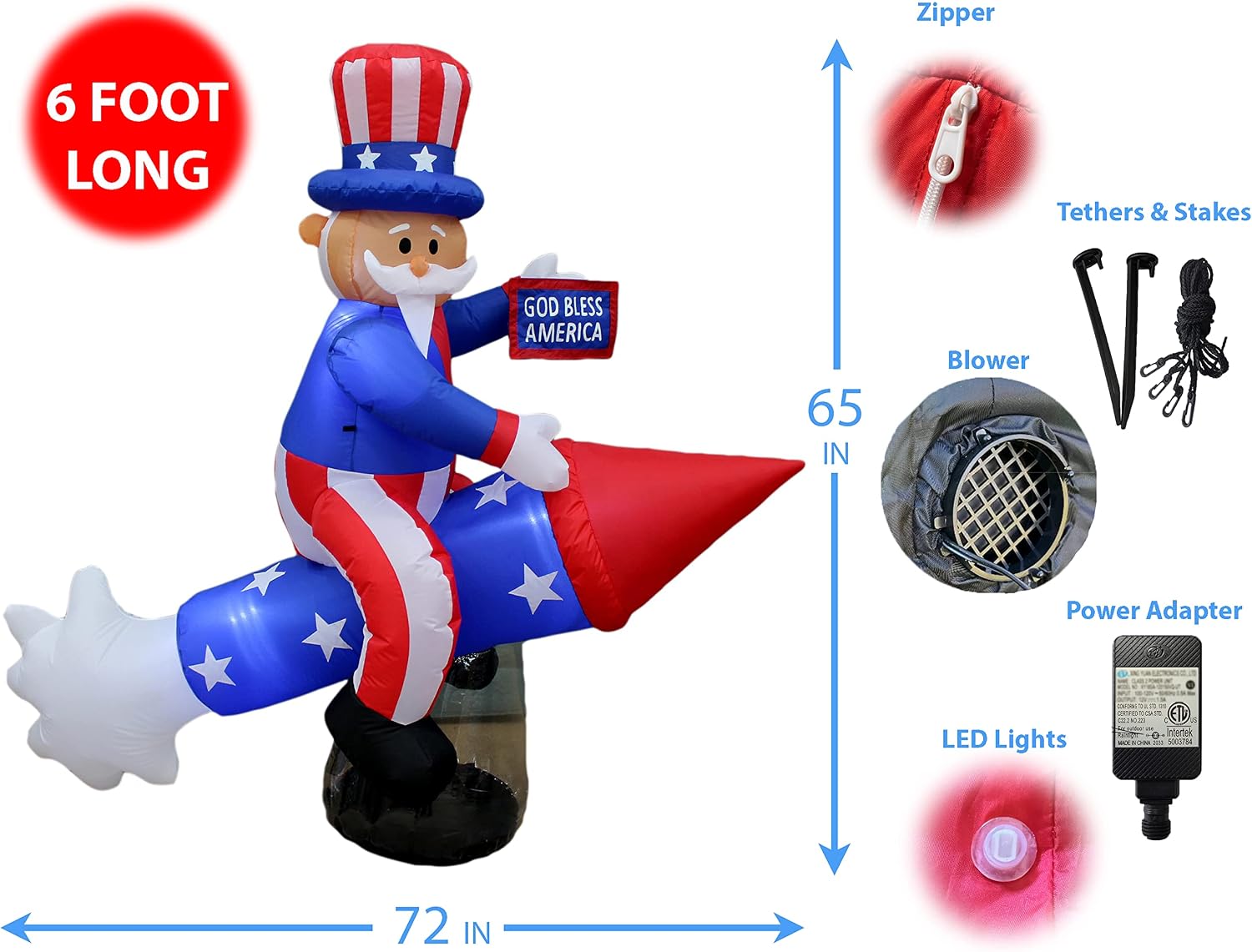 6 Foot Long Patriotic Independence Day 4th of July Inflatable Uncle Sam | On Rocket, Pre-Lit LED Lights, Outdoor Indoor, Lawn Yard Holiday Decoration