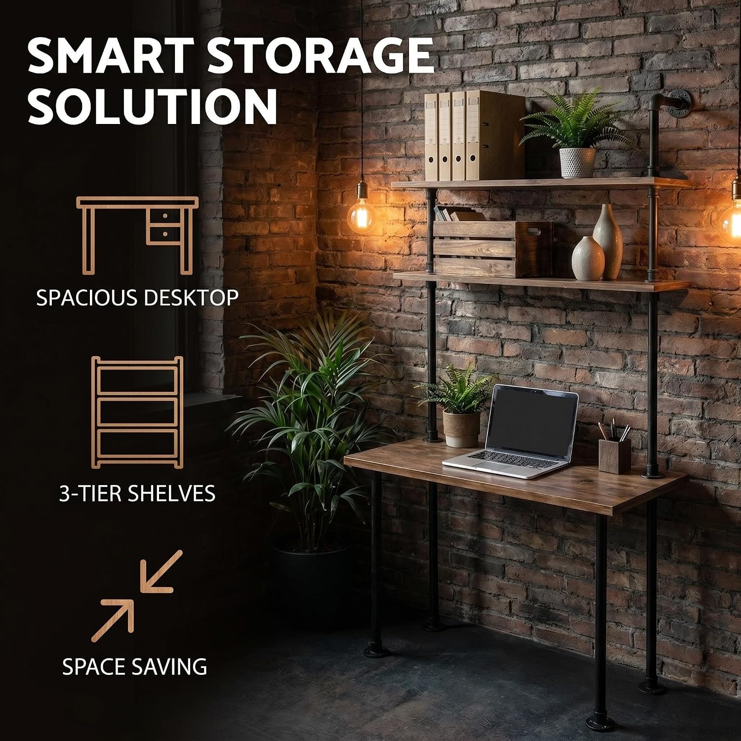 Industrial Pipe Desk with 3 Tier Shelves, Rustic Solid Wood Writing Workstation, Sturdy Metal Frame for Home Office Study Living Room Decor(40" L)